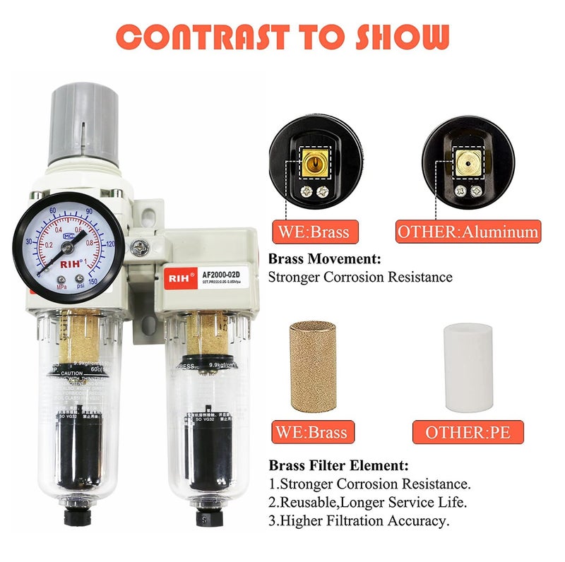 RIH Store Pneumatics 1/4'' NPT Auto Drain Compressed Air Double Filter & Regulator, Air Drying System, Air Compressor Water Separator, Poly Bowl,0-150 psi Gauge, 5 Micron Brass Element (1/4 NPT) AC2011-02D - Image 3